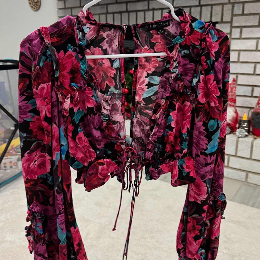 For Love & Lemons Floral Tie-Front Crop Top in Magenta, Teal & Black